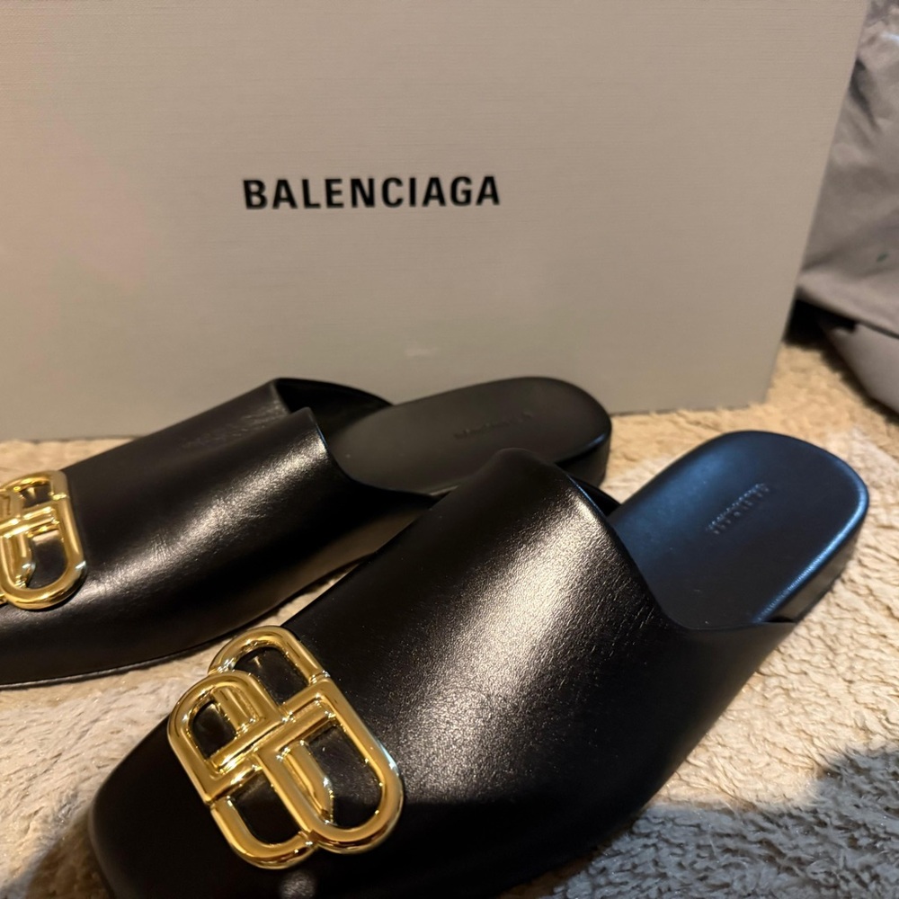 Balenciaga Black Leather Slide Mules with Gold Double-B Hardware